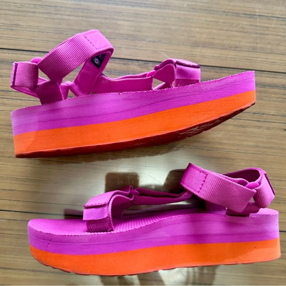 TEVA Fuchsia Hot Pink 🌺 Sunset Orange 🍊 platform sport slide sandals Barbiecore - Picture 6 of 7